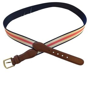 Brown and Pink Striped Leather Belt with Brass Buckle